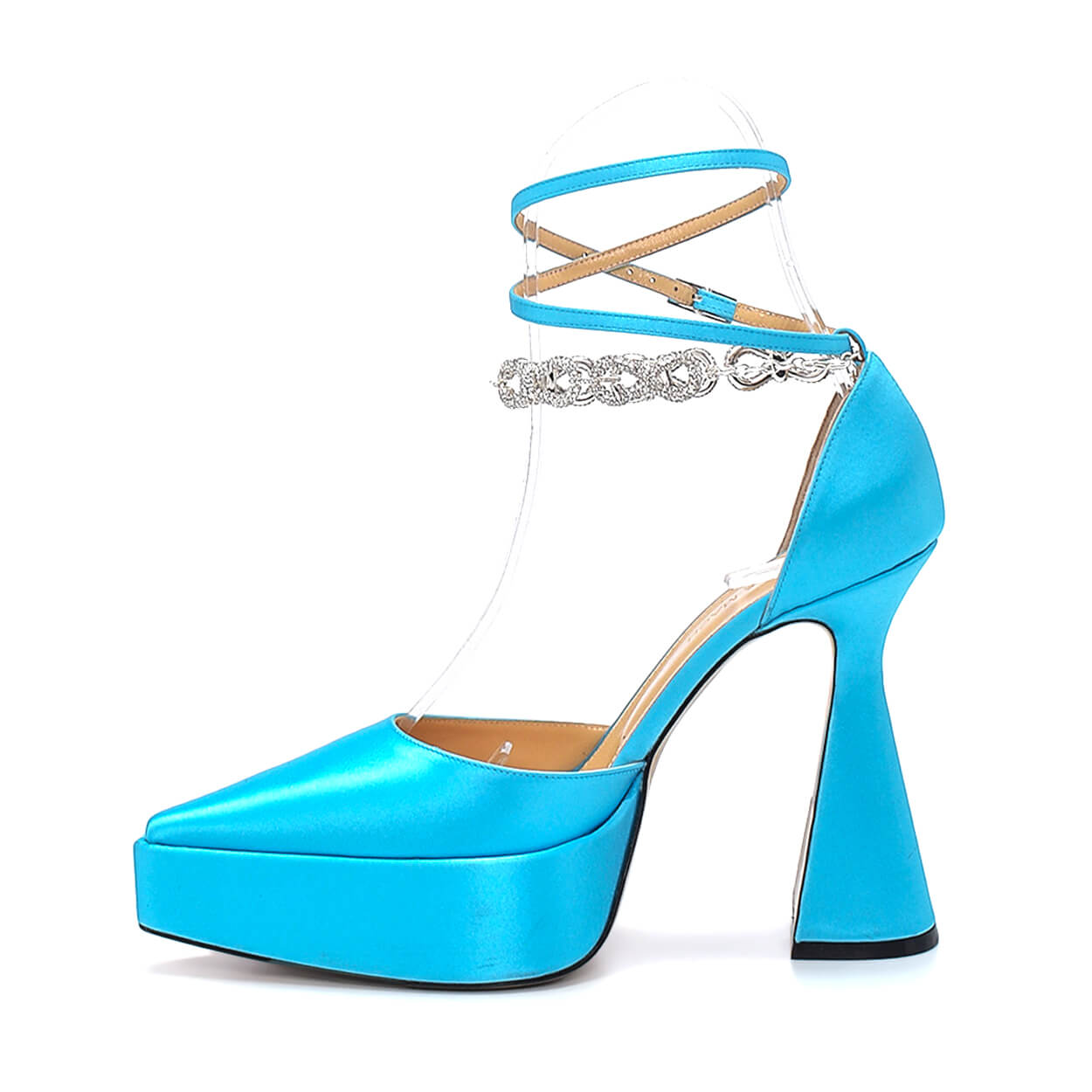 Mach & Mach - Turquoise Satin Crystal Embellished Chain Ankle Strap Platform Pumps 38